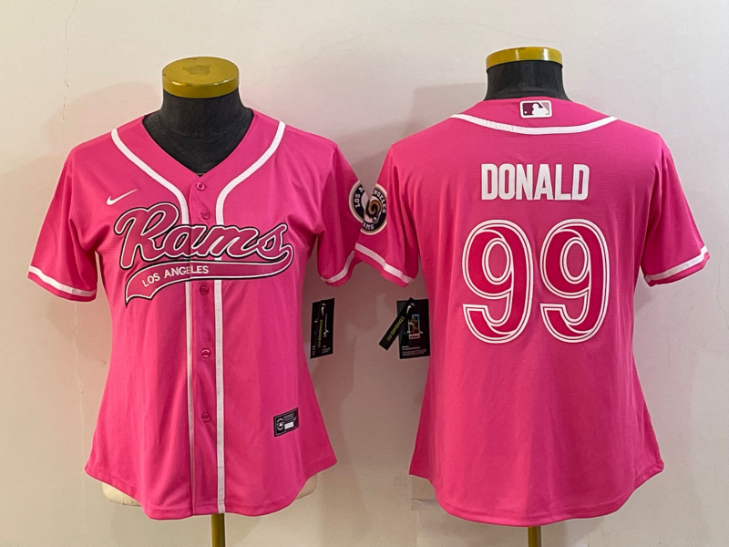 Women's Los Angeles Rams #99 Aaron Donald Pink With Patch Cool Base Stitched Baseball Jersey(Run Small)